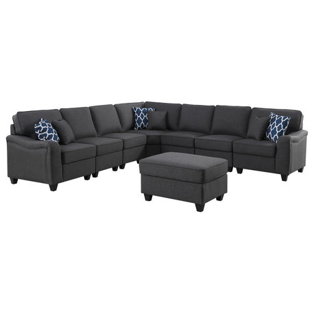 Leo Dark Gray Linen 8-Piece Modular L-Shape Sectional Sofa and Ottoman