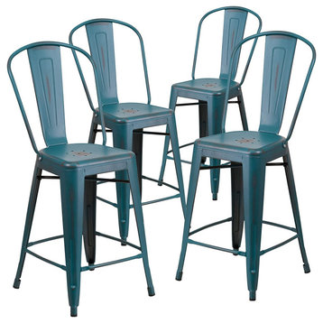 4 Pack Counter Stool, Stackable Design With Removable Back, Distressed Blue Teal
