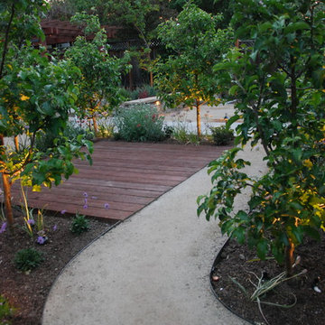 The decomposed-granite access path winds between apple trees to provide direct,