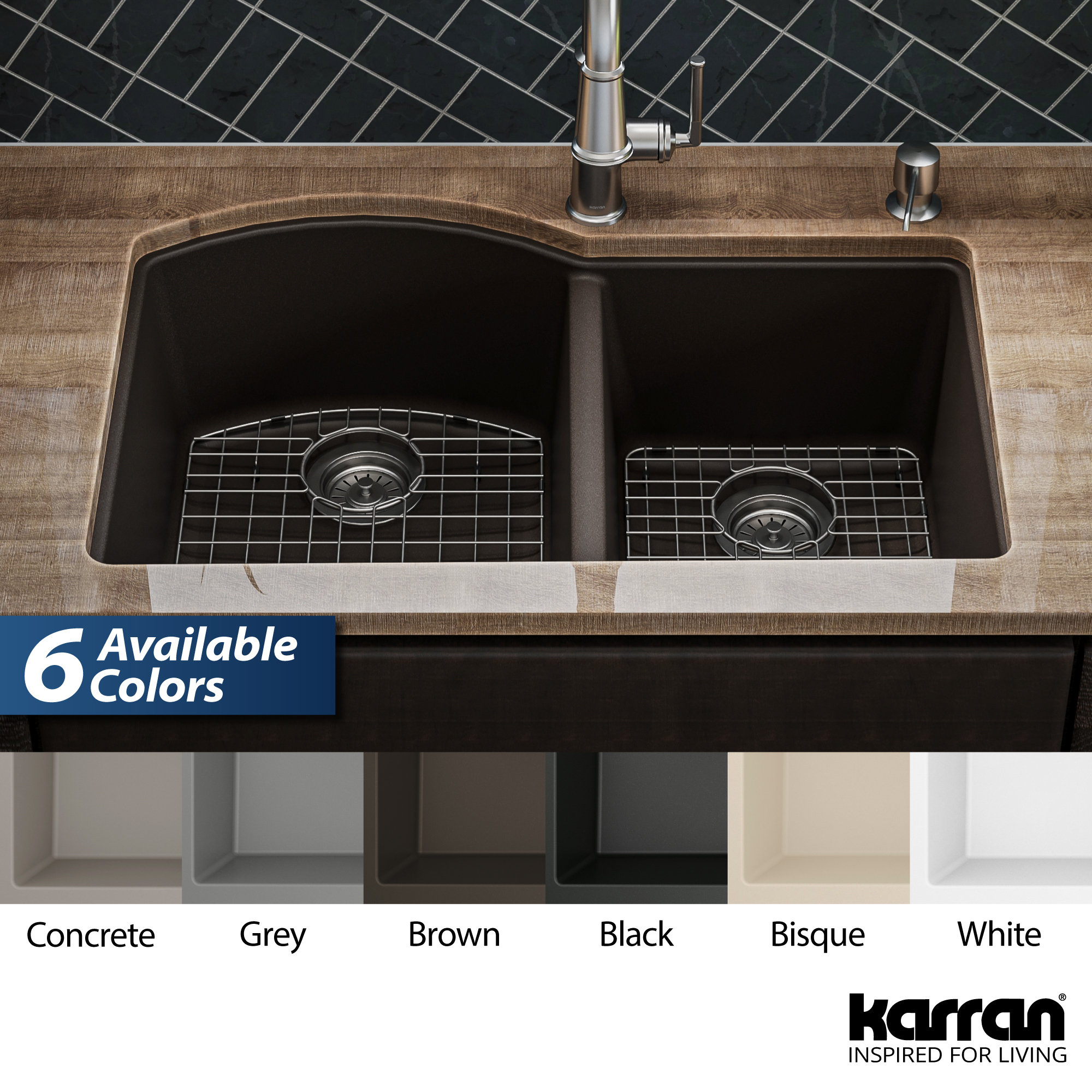 Karran Undermount Quartz 32" 60/40 Double Bowl Kitchen Sink Kit, Brown