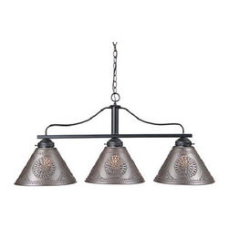 Handmade In USA - Medium Wrought Iron Bar Island Light With Punched Tin Shades - Kitchen Island Lighting