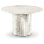 Meridian Furniture - Genoa Marble Dining Table, White - Add a refined look to your room with this handcrafted white Genoa dining table, a stunning masterpiece that marries elegance and practicality. Crafted from genuine marble, each table is a unique work of art, featuring a white marble top with intricate white veining. The fluted marble base adds a touch of art deco design, making it a statement piece in any room and adding to its heirloom-quality design.