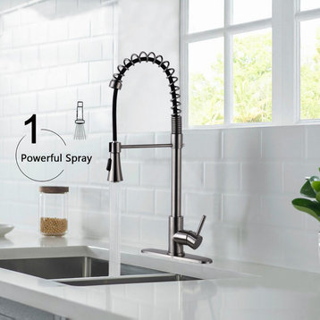 Commercial Modern Single Handle Spring High Arc Kitchen Faucet, Brushed Nickel
