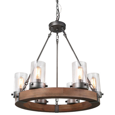 LNC 6-Light Farmhouse Wagon Wheel Wood and Seeded Glass Shade Chandelier