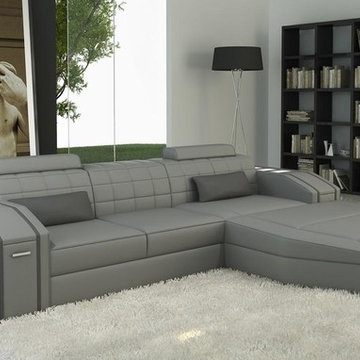 Gray Bonded Leather Sectional Sofa with Adjustable Headrests