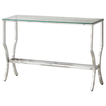 Benzara BM220309 Glass Top Sofa Table with Metal Frame and Mirror Shelf, Chrome