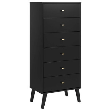 Vertical Dresser, Tall Design With Tapered Legs and Brushed Brass Knobs, Black