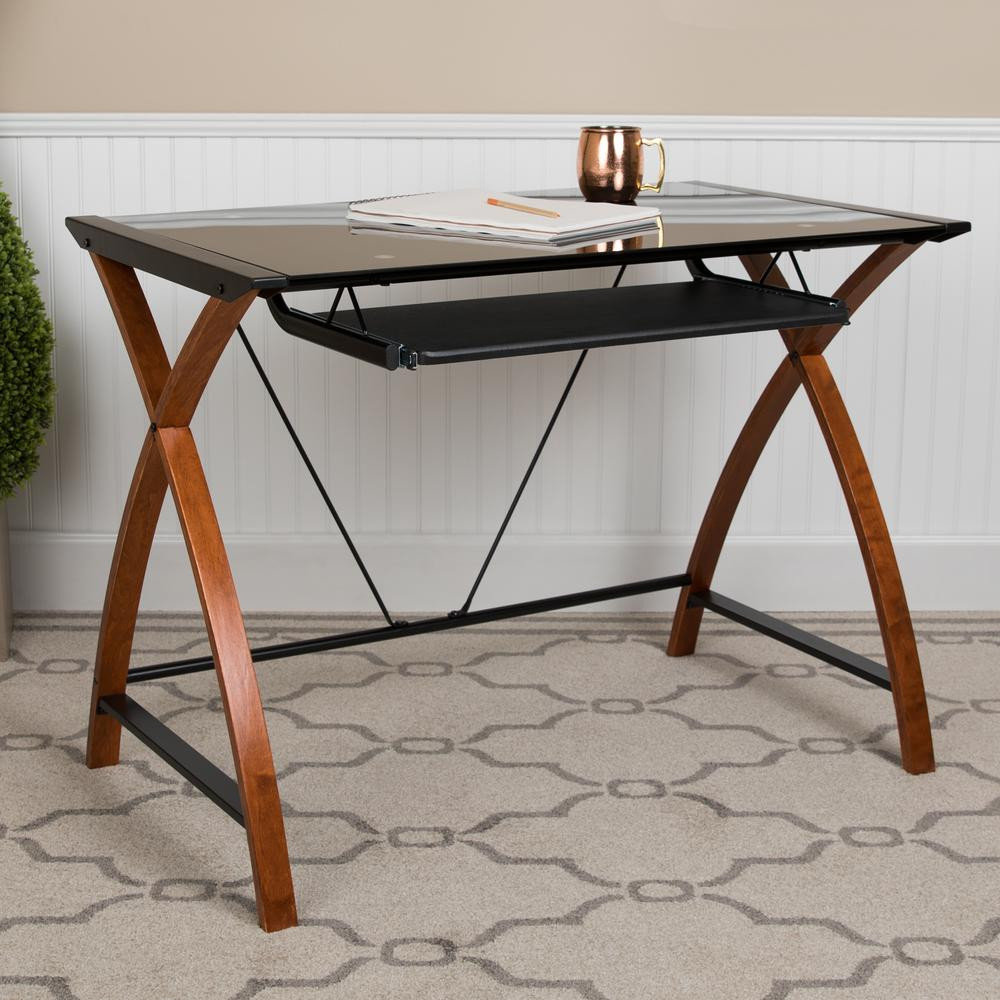 Black Glass Computer Desk With Pull-Out Keyboard Tray And Crisscross ...