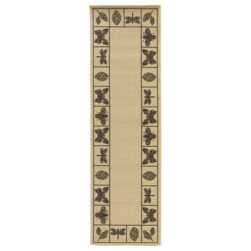 Malibu Indoor and Outdoor Botanical Ivory and Brown Rug, 2'3"x7'6"