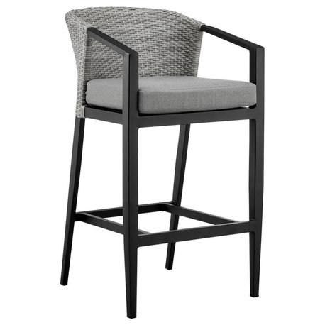 Aileen Patio Counter or Bar Height Stool, Metal and Wicker With Gray Cushions, Bar Height