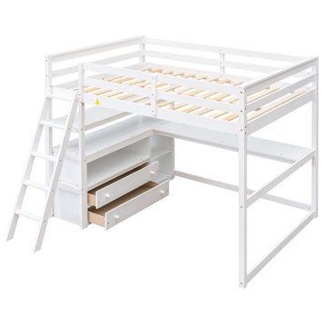 Gewnee Full Size Loft Bed with Desk and Shelves,Two Built-in Drawers, In White