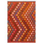 Bareens Designer Rugs - Eclectic Turkish Kilim Alyse Hand-Woven Wool Rug - 3'6'' x 4'11'' - Elevate the elegance of your home with this stunning hand-woven tribal Kilim wool rug. Meticulously crafted on a loom by the Nomad Turkman people using hand-spun wool and 100% natural vegetable dyes, these rugs are recognized for their repetitive geometric patterns, incorporating naturalistic floral and traditional designs. The contemporary fashion palette results in bold, sharp patterns that are incredibly versatile, as the pattern is the same on both sides. These reversible rugs feature a lighter shade on one side and brighter colors on the other, providing versatility according to preference. These unique rugs are made by knotting short strands of different colors onto the warps and securing them by tightly pressing the wefts. The designs are created by interweaving the various colored wefts and warps. Kilims are known for their exceptional durability and versatility, making them truly unique rugs.  Product Details    Rug Size: 3'6'' x 4'11''  Material: 100% Wool  Style: Kilim, Flat Weave, Dhurrie, Turkish, Southwestern, Rustic, Tribal  Colors: Rust, Beige, Blue, Pink  Weave Type: Hand-Woven, Handmade  Pile Height: Less than 0.25 inch