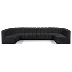 Meridian Furniture - Arc Vegan Leather Upholstered 8-Pc. U-Shaped Modular Sectional, Black - Unleash modern opulence with the Arc Vegan Leather 8pc. Sectional. Crafted for the modern connoisseur, this Sectional injects an air of refined luxury into any space. Its sleek silhouette, upholstered in supple black vegan leather, exudes timeless sophistication while the deep channel tufting adds textural intrigue, further elevating the chair's visual appeal. The modular design makes it a versatile chameleon, effortlessly adapting to your evolving needs and preferences. Whether you envision it gracing a chic living room corner, basking in the glow of a bedroom window, or adding a touch of drama to a home office, the Arc seamlessly complements your unique interior aesthetic.