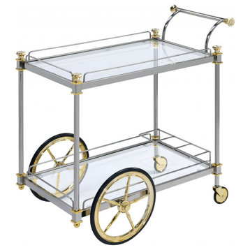 HomeRoots 20" X 31" X 31" Silver Gold Clear Glass Metal Casters Serving Cart