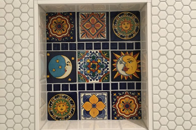 Example of a small trendy black and white tile and ceramic tile ceramic tile and white floor drop-in bathtub design in Other