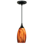 Vaxcel - Milano 4.75" Mini Pendant Smoky Fire Glass Oil Rubbed Bronze - The Milano collection of mini pendant lights feature softly radiused hand-blown glass that gracefully blends into almost any decor. Because each glass is handcrafted utilizing century-old techniques, no two pieces are identical. The smoky fire colored glass has tones of red, orange, and black and is housed in an oil rubbed bronze finish for a contemporary and artistic look. Install this mini pendant individually or in a group; ideal for kitchens, dining areas, or bar areas.