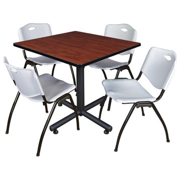 Kobe 42" Square Breakroom Table, Cherry and 4 'M' Stack Chairs, Gray