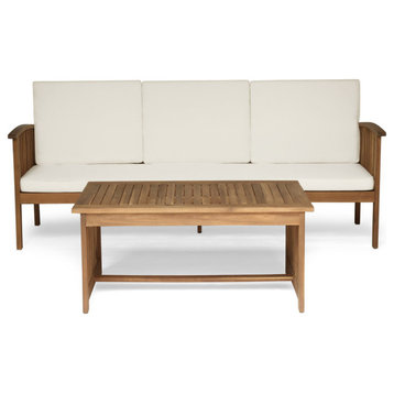 Giles Outdoor Acacia Wood Sofa and Coffee Table Set, Teak Finish/Cream