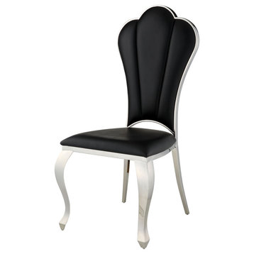 Set of 2 Dining Chair, Silver Stainless Steel Frame & Faux Leather Seat, Black
