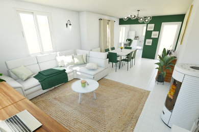 Foto de sala de estar abierta clásica grande con paredes verdes, estufa de leña y suelo blanco