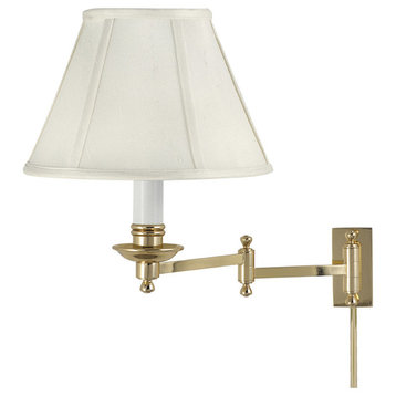 Library Wall Swing Arm Lamp, Polished Brass With Off-White Linen Softback