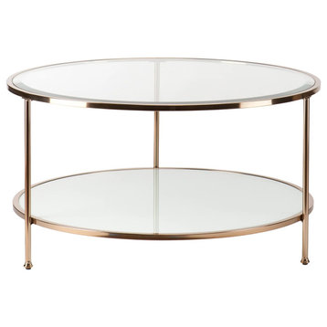 Glam Coffee Table, Gold Frame With Round Beveled Glass Top & Opaque White Shelf