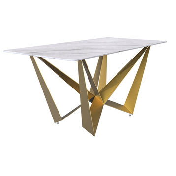 LeisureMod Nuvor Dining Table With a 55" Rectangular Top and Gold Steel Base, White