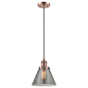 1-Light Large Cone 8" Pendant, Antique Copper, Glass: Smoked