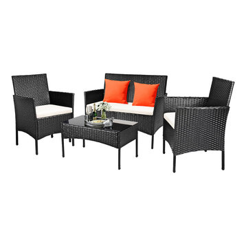Costway 4 PC Outdoor Rattan Furniture Set Loveseat Sofa Cushioned Garden Steel