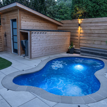 Pool with Rock Waterfall and Storage Shed