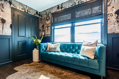 Home office - mid-sized contemporary wallpaper home office idea in New York with blue walls