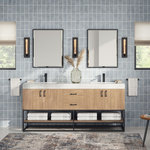 MOD - Bahia Bath Vanity, Oak, 72", Matte Black Hardware, Double, Freestanding - The luxurious Bahia Vanity draws on multiple materials to exude a contemporary, refreshing feel. Constructed with built-in legs, concealed hinges and adorned with stylish hardware, your bathroom will feel part of the new age while preserving the natural warmth of vintage designs. Keep things tidy and hidden with the soft-close drawers and cabinets, and display it your way across the beautiful, thick natural stone countertop and lower tray.