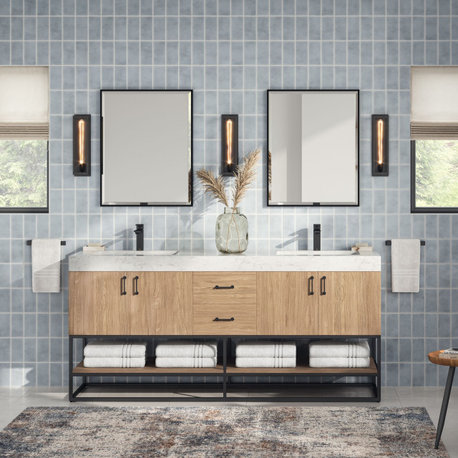 Alistair Bath Vanity, Oak, 72", Matte Black Hardware, Double, Freestanding