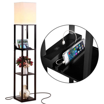 Brightech Maxwell Charger - Shelf Floor Lamp with USB Charging and Outlet LED, Classic Black