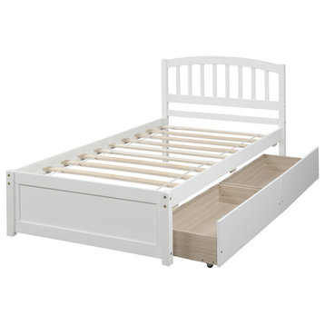 Gewnee Wood Twin Platform Bed with Storage Drawers in White