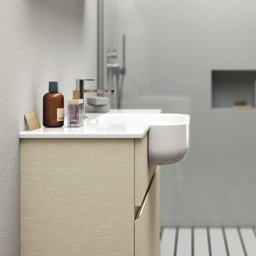 Modern open bathroom with light yellow vanity