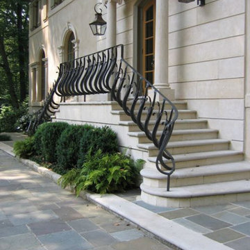 Wrought Iron railing, Limestone step treads and Bluestone Terrace- Paving
