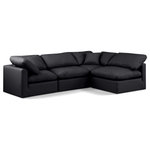 Meridian Furniture - Indulge Upholstered Modular L-Shaped Sectional, Black, 4-Piece: 2 Armless Chair, 2 Corner Chair, Fiber Stuffed Vegan Leather - Experience ultimate comfort and style with our black vegan leather Indulge Sectional. The luxurious vegan leather will elevate the aesthetic of any room. This sofa provides ample space for you to relax while its modular build offers the option of unlimited configurations. Whether you're looking to add a stylish element to your living room or a comfortable seating option to your bedroom, this sofa is the perfect choice.
