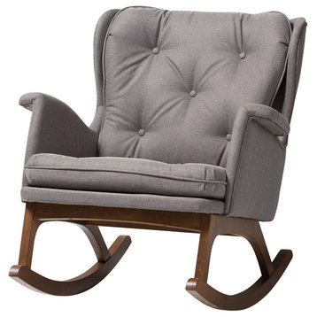 Midcentury Modern Gray Fabric Upholstered Walnut-Finished Rocking Chair