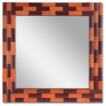 Connesena Handcrafted Boho Leather Square Wall Mirror, Antique Orange and Tan