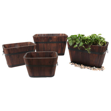 Set of 4 Barrel Style Rectangular Wooden Planters