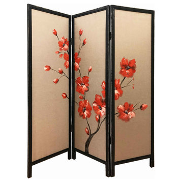 Benzara BM205894 3 Panel Wooden Screen with Hand painted Fabric Design Red/Brown
