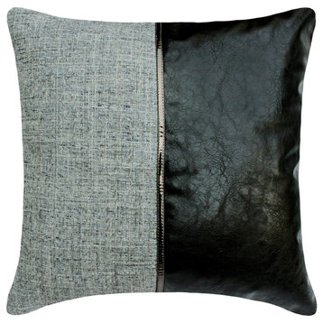 Black Faux Leather Jute Patchwork Textured Jute 26"x26" Pillow Cover, Nash