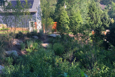 This is an example of a large contemporary drought-tolerant, rock and partial sun backyard river rock and wood fence landscaping in New York for fall.