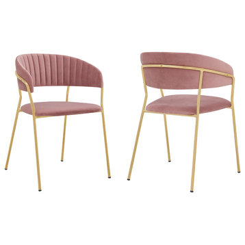 Nara Pink Velvet and Gold Metal Leg Dining Room Chairs, Set of 2