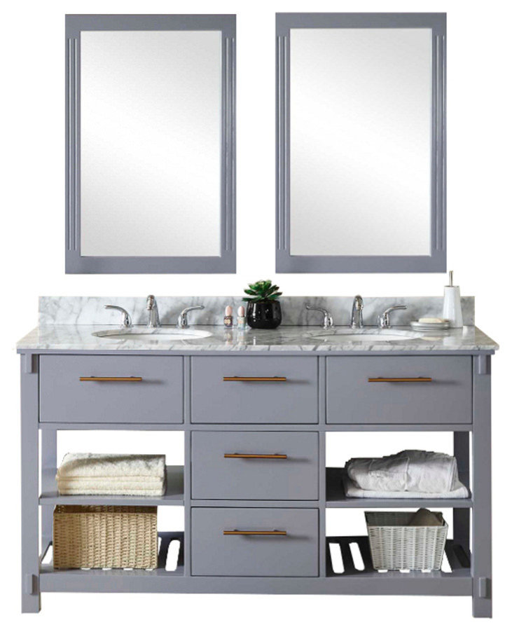 Double Sink Bathroom Vanity In Gray Finish With Carrara White Marble ...