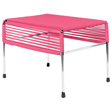 Atom Indoor/Outdoor Handmade Ottoman with Chrome Frame, Pink Weave