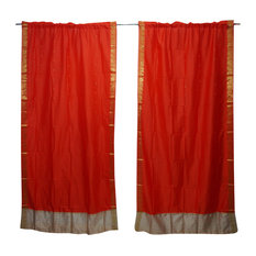 Mogul Interior - 2 Indian Silk Sari Door Curtains Red Organza Wedding Decoration Door Curtains - Curtains