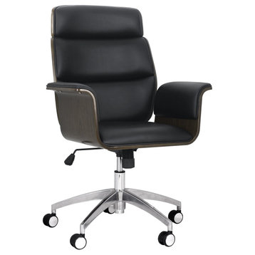 Retro Office Chair, Bentwood Frame With Elegant Black Faux Leather Seat, Gray