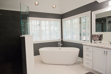 Bathroom - large contemporary master white tile and subway tile mosaic tile floor bathroom idea in Boston with shaker cabinets, white cabinets, gray walls, an undermount sink and granite countertops